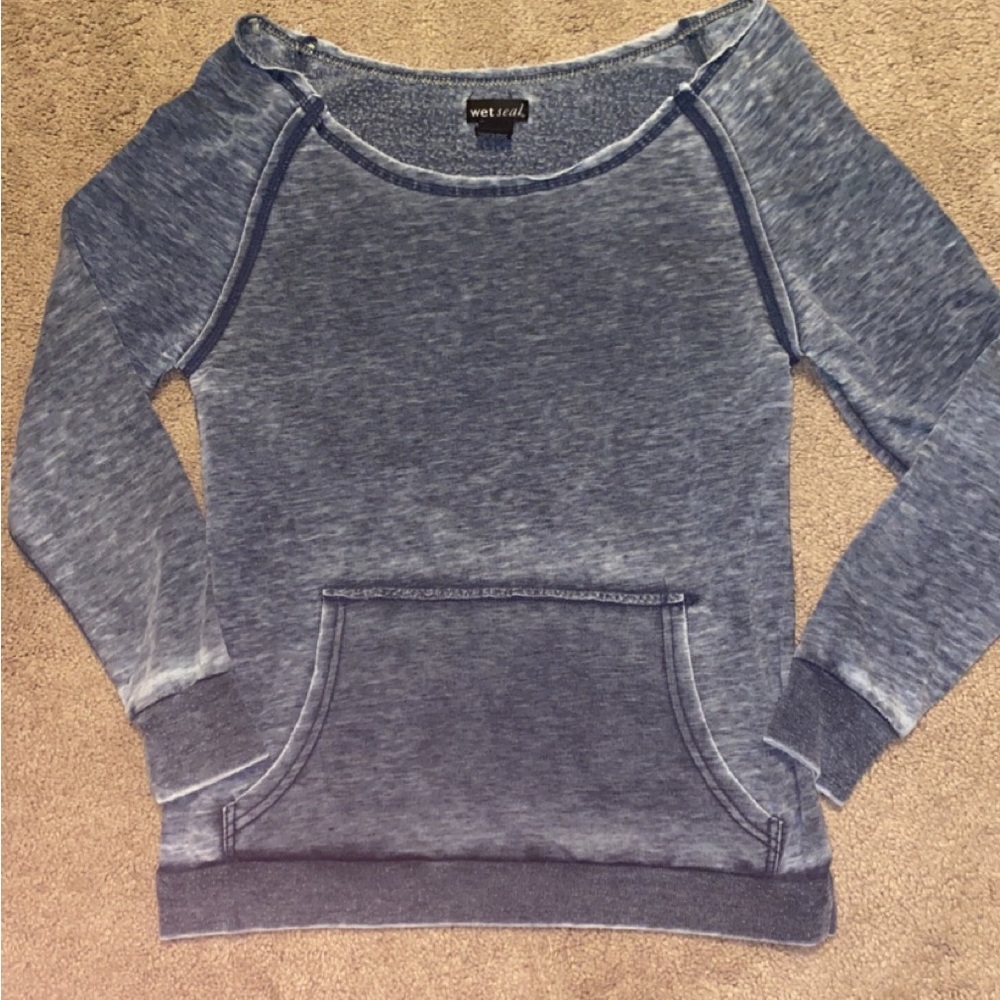 Crew neck wide neck. Distress blue wash color. Wet seal size small front pocket. - Picture 1 of 3